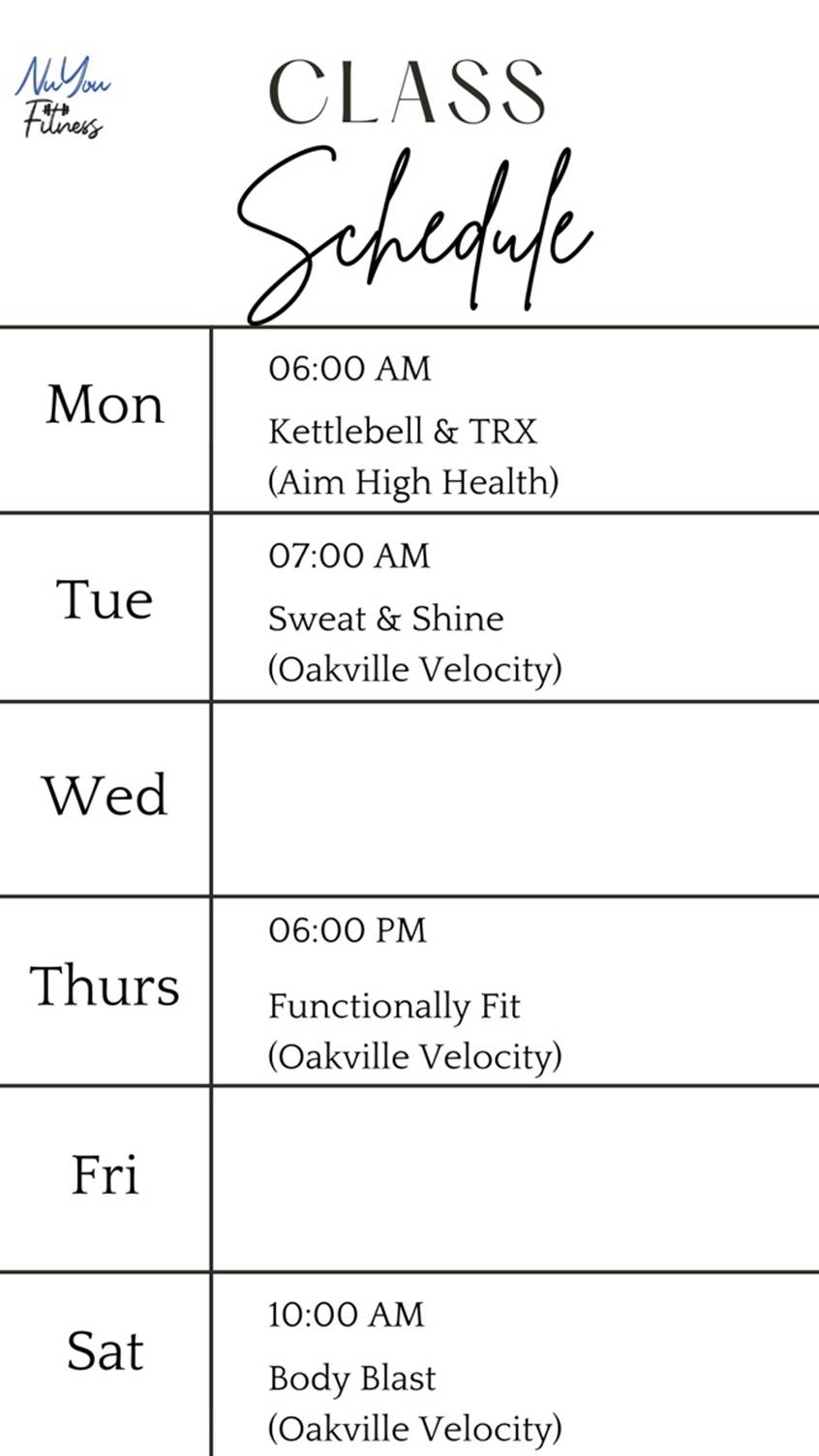 Fitness class schedule